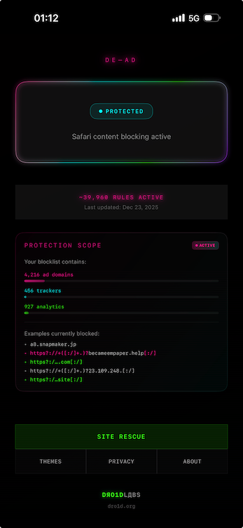 De-Ad Safari ad blocker showing clean web browsing with ads blocked on iOS