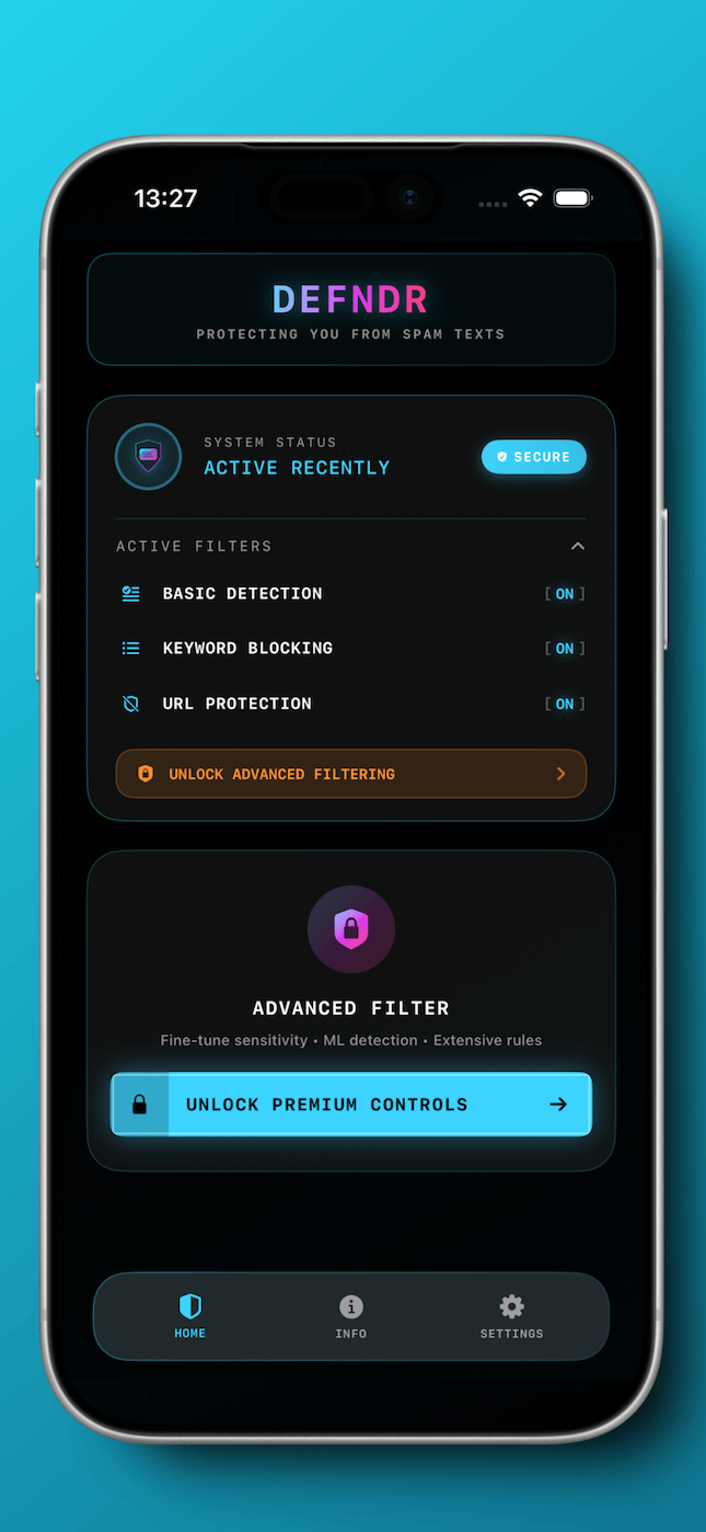 Defndr iOS spam blocker filtering interface showing real-time SMS blocking