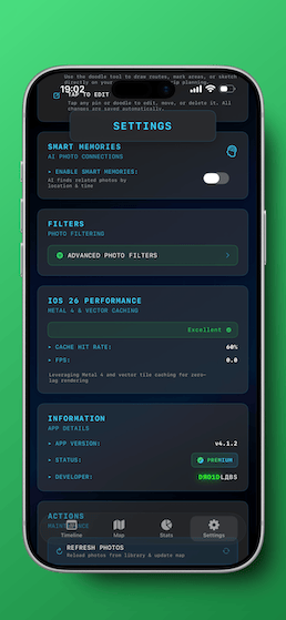 MapPic timeline view showing instant year navigation and chronological photo browsing
