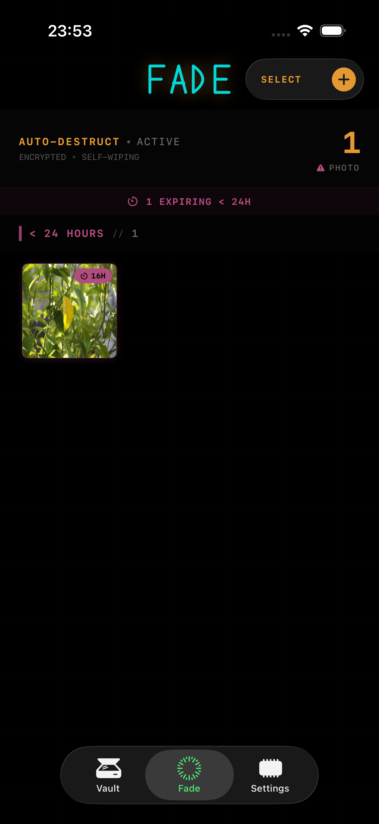 Nu11VLT Fade Mode showing self-destructing photos with 24h to 30 day timers