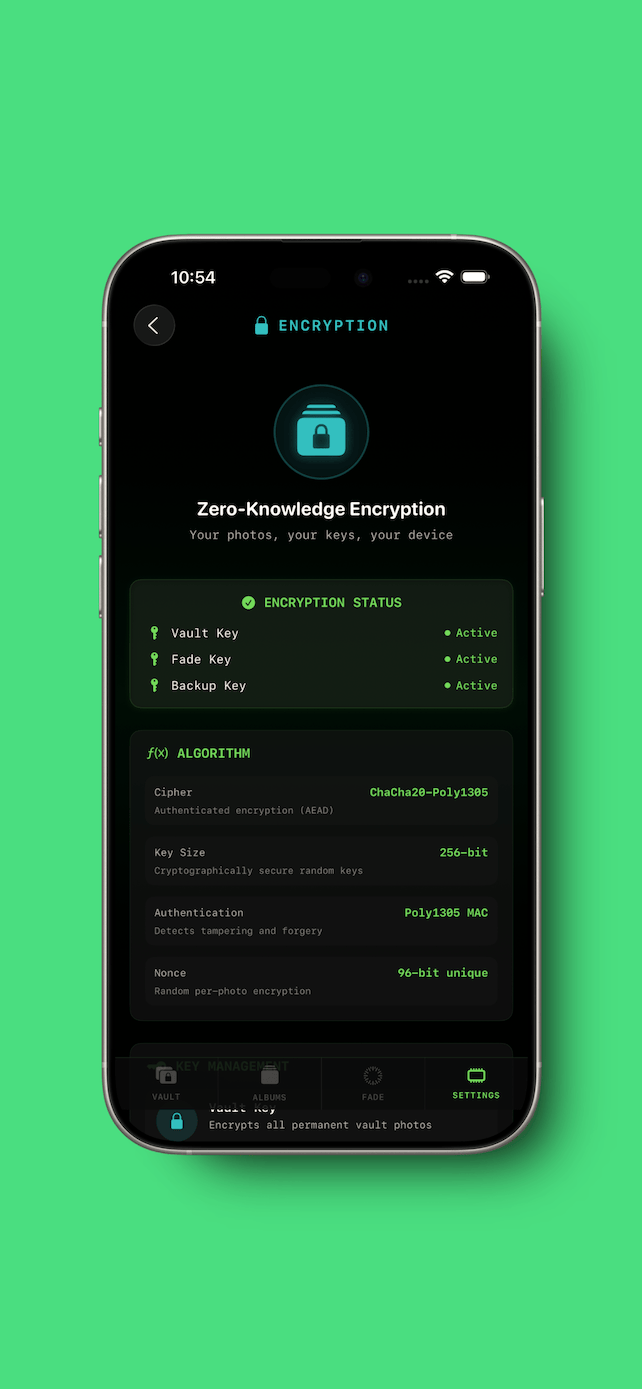 Nu11VLT encrypted photo vault showing ChaCha20 encryption and FaceID protection on iOS